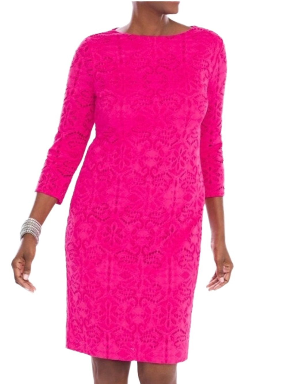 CHICOS Women’s Bright Pink Lace 3/4 Sleeve Lined Sheath Dress